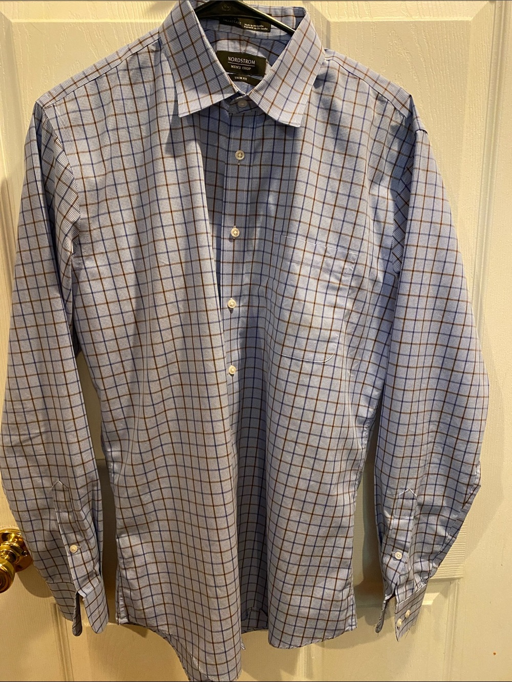 Nordstrom Men Shop Blue Checked Dress Shirt with Brown Windowpane size (16)34-35